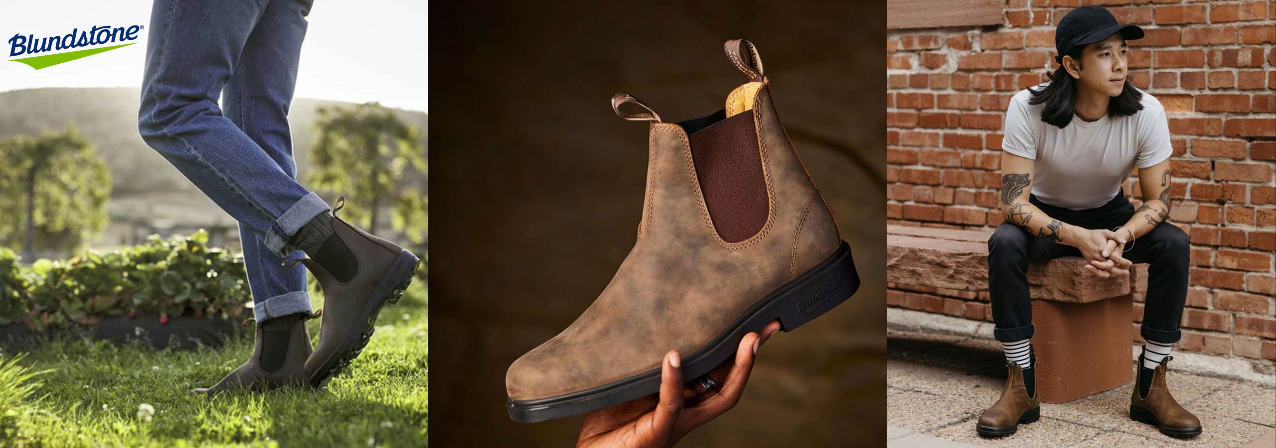 Blundstone boot shown in three different contexts: being worn, held up, and worn by a person sitting.