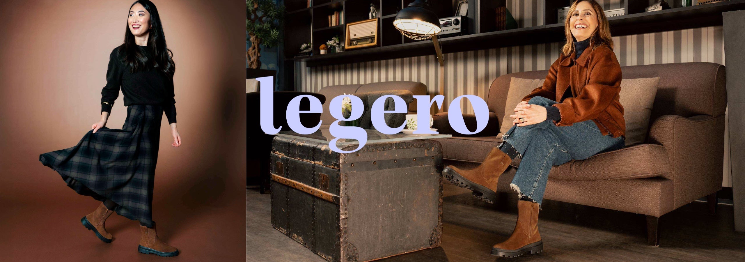 A split promotional image for Legero. The left side shows a model in a black long-sleeve top and a dark plaid midi skirt against a warm brown studio background.