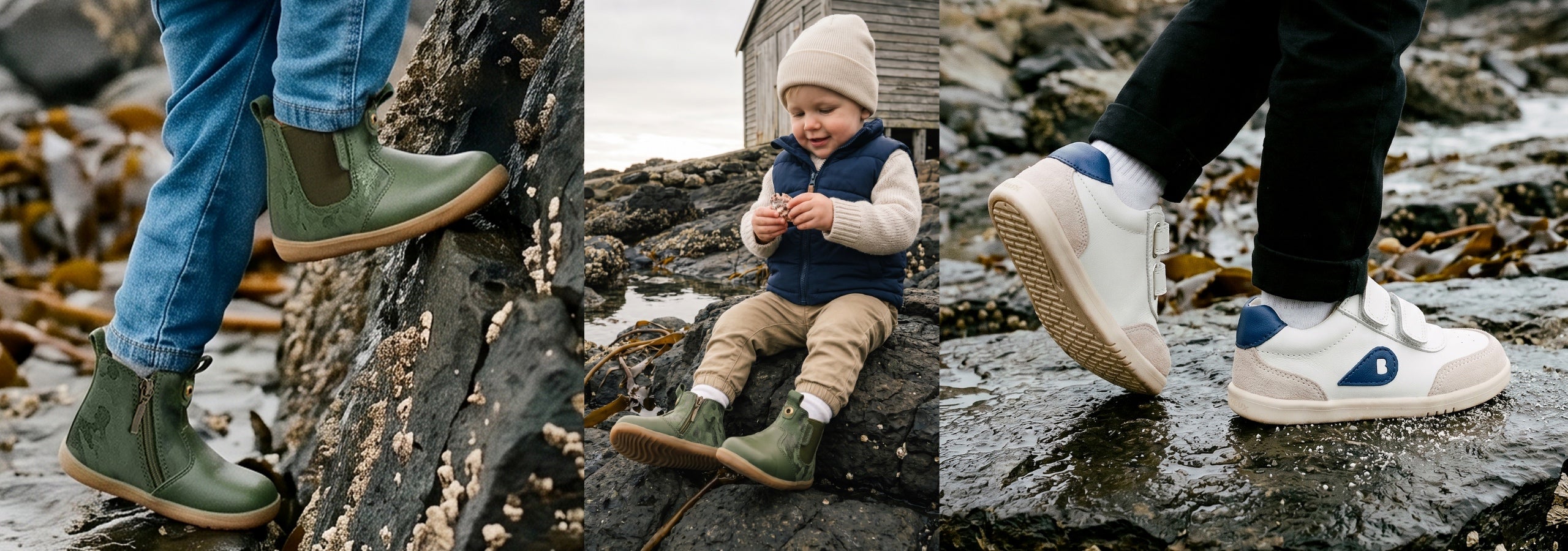 three pictures featuring bobux boys shoes on a rocky beach, two show green boots, the other white trainers