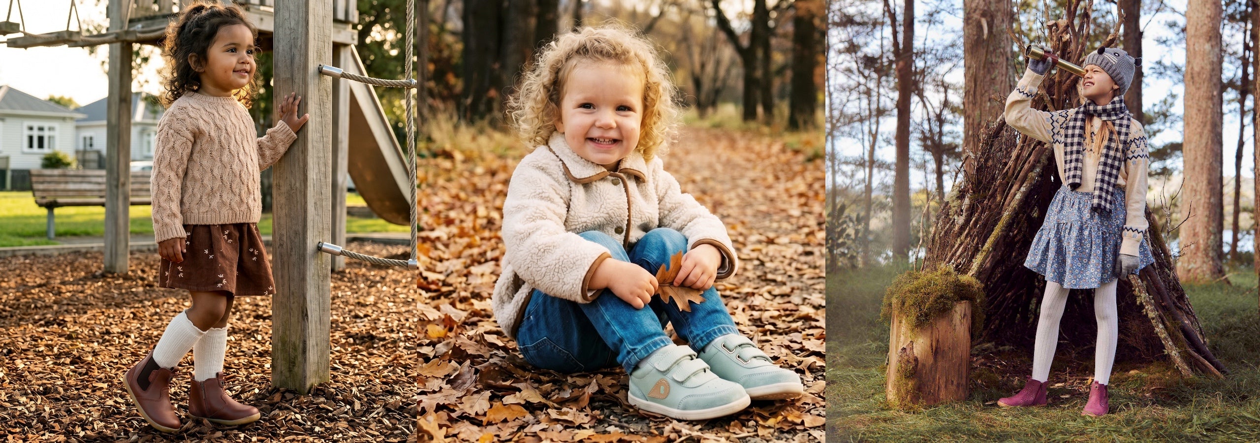 three girls in autumnal scenes wearing bobux boots and shoes