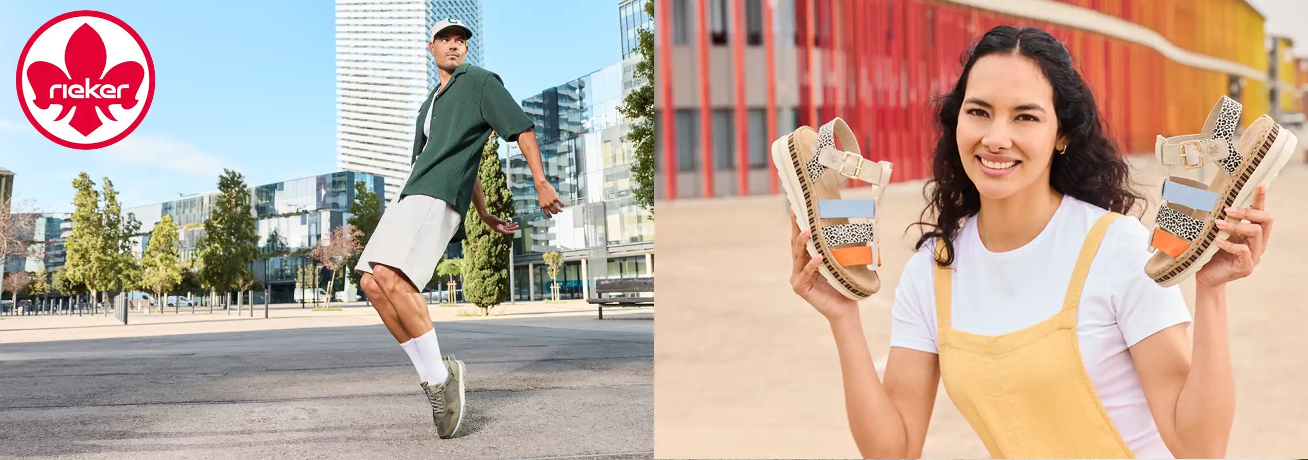 Two people wearing shoes with a visible Rieker logo, one outdoors and one indoors.