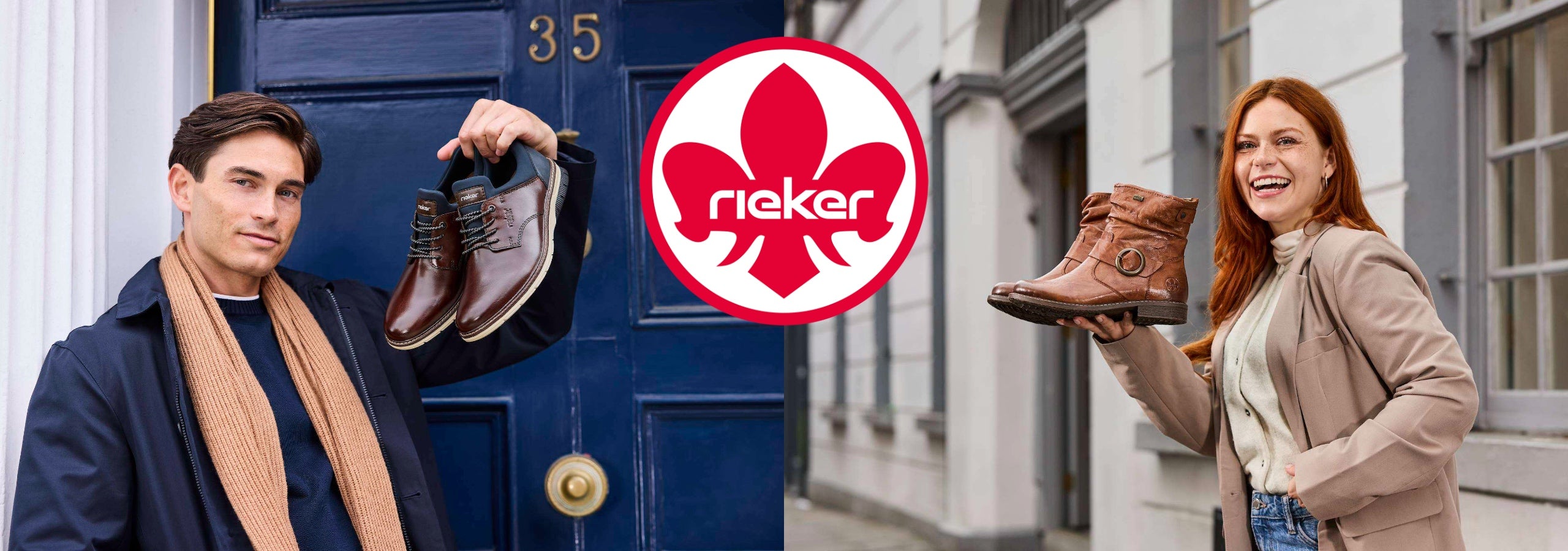 man and woman holding up pairs of rieker shoes