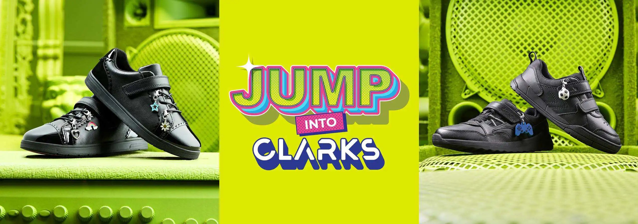 Three pairs of black JUMP INTO CLARKS sneakers displayed on a bright lime green set with a central logo panel. The shoes feature decorative cartoon embellishments and a blue JUMP INTO CLARKS logo on the side.