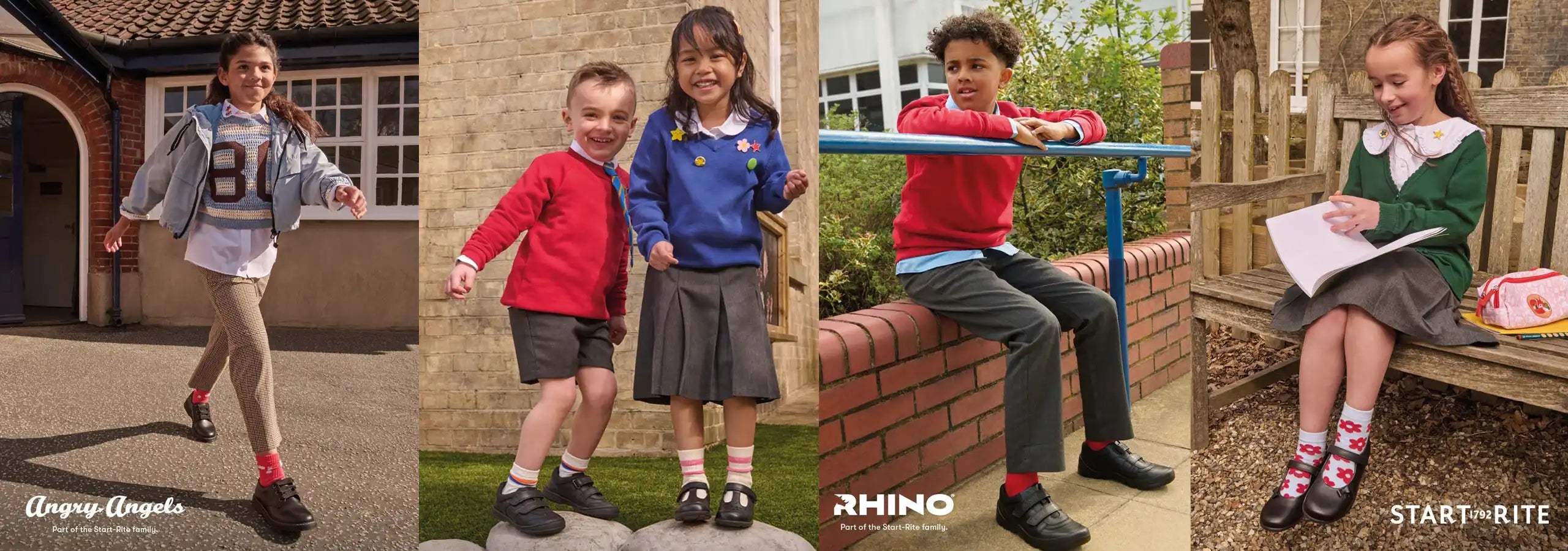 A four-panel collage showing children wearing athletic shoes in outdoor schoolyard and playground settings. The shoes include gray sneakers, red sneakers with black socks, a blue-and-gray sneaker, and green-and-gray sneakers.