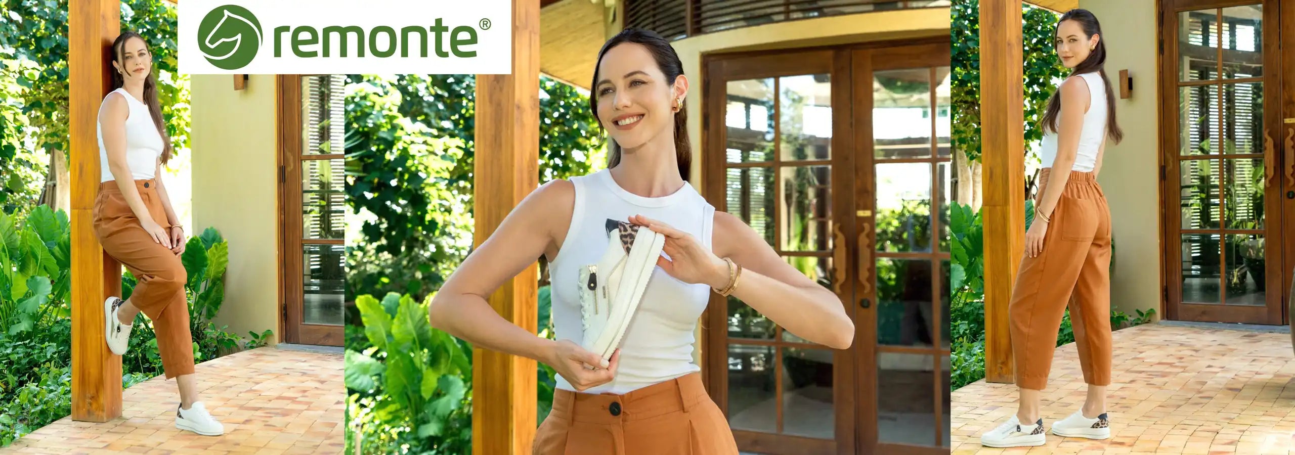 Woman in a white top and brown pants holding a product, with 'remonte' logo in the corner.