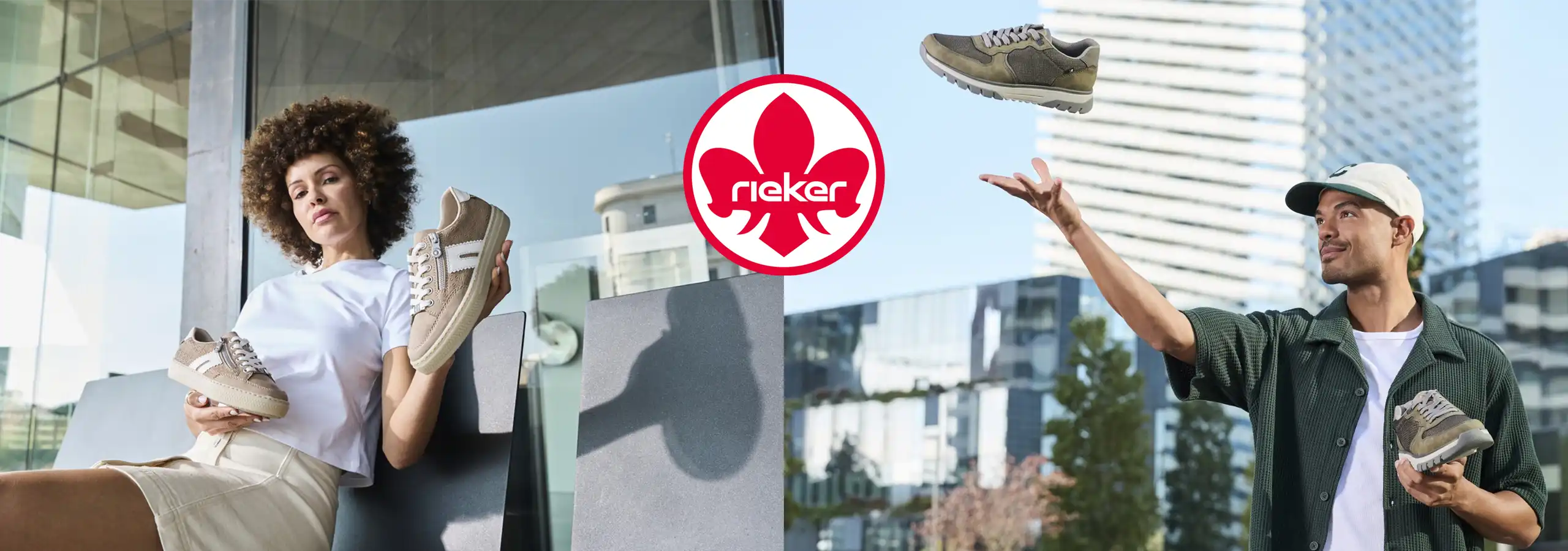Two people holding shoes with a Nikes logo in the center, set against an urban background.