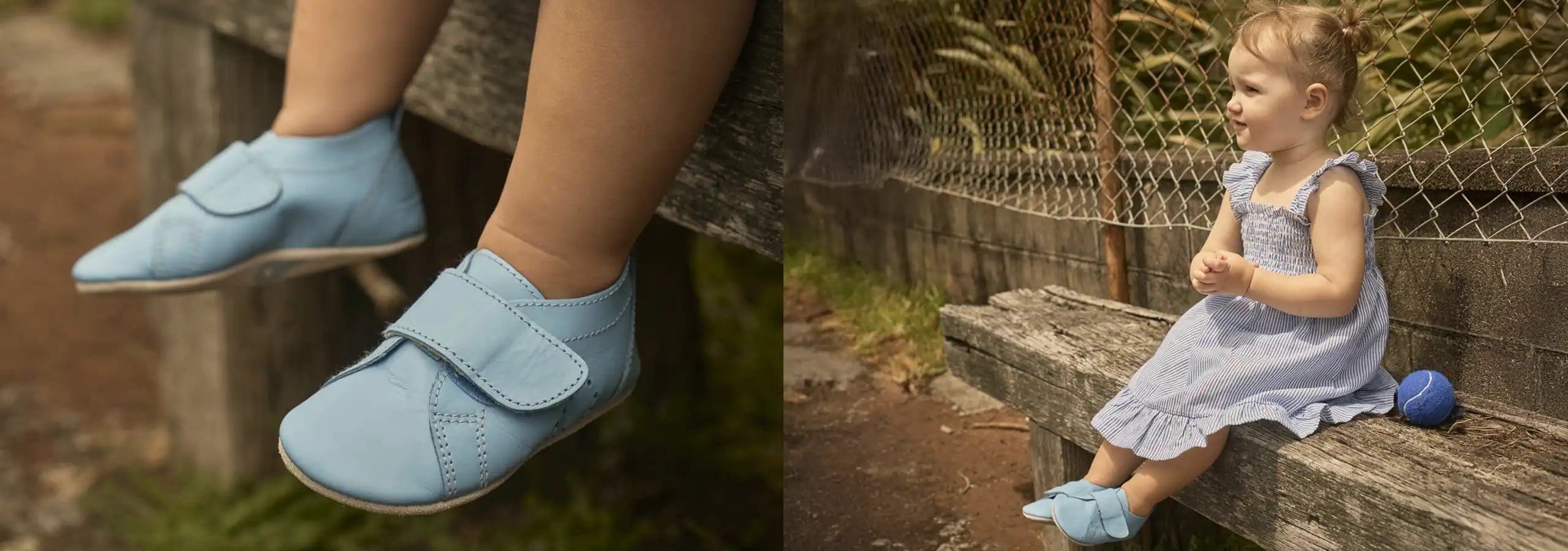 Close-up of baby's feet wearing light blue shoes and a child sitting on a stone bench in a garden.