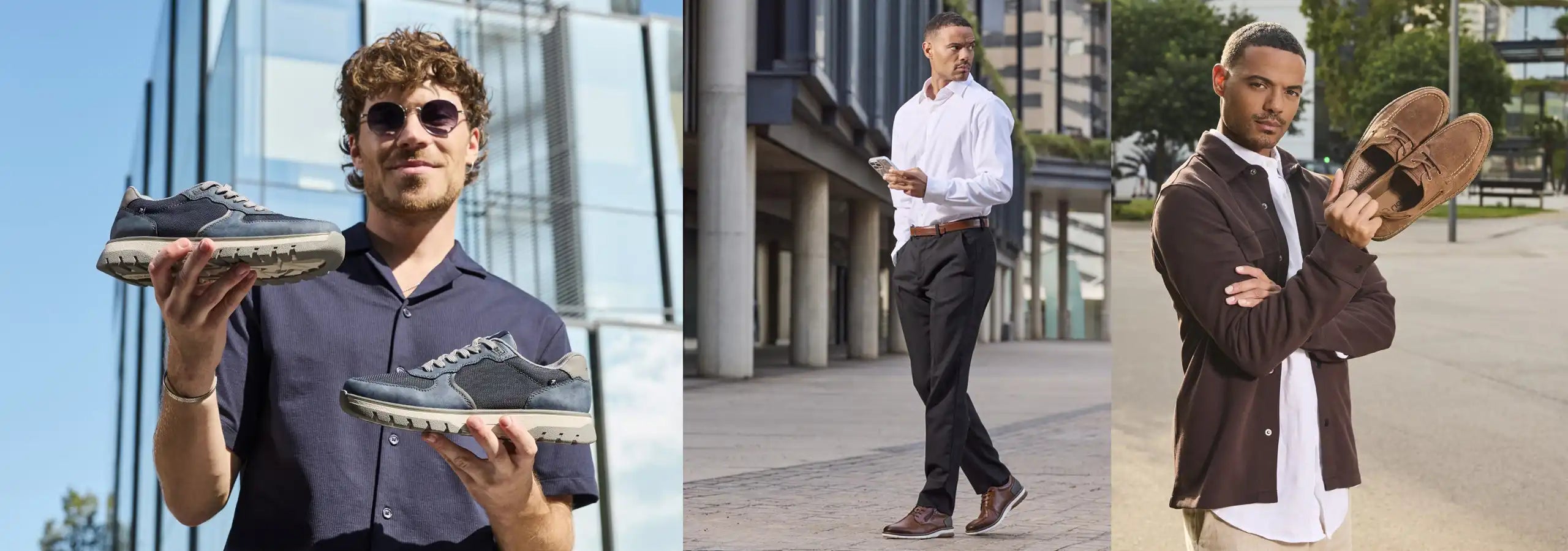 Three men holding and showing off sneakers in different settings.