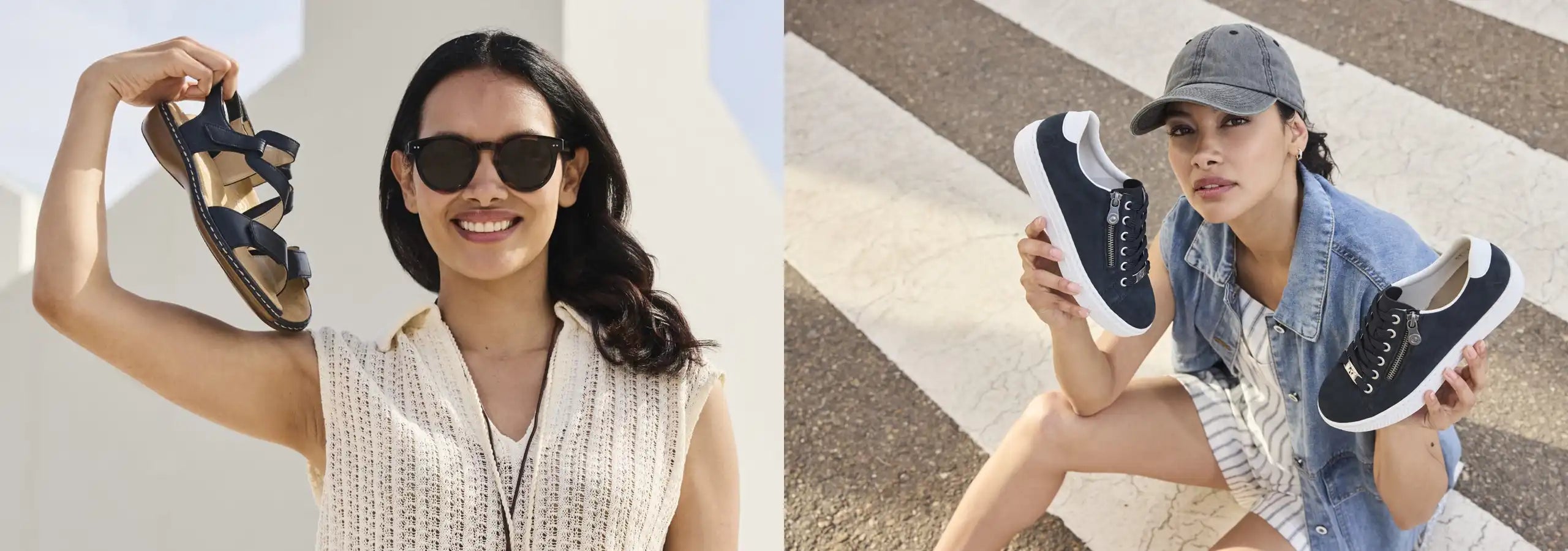 Two women wearing different types of shoes on a neutral background